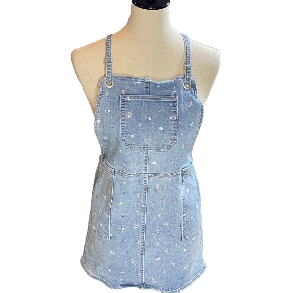 Cat & Jack Overall Dress Kids L 10/12 Blue‎ Excellent Floral Denim Pinafore